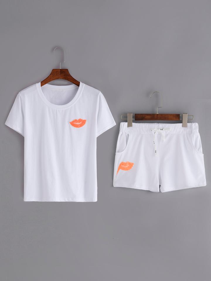 Shein Sequin Lip Patch T-shirt With Shorts - White
