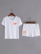Shein Sequin Lip Patch T-shirt With Shorts - White