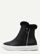 Shein Black Glitter Pu Fur Cuff Rubber Sole Flat Boots