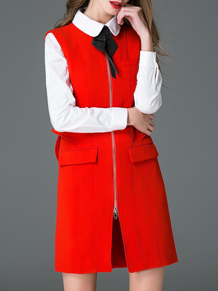 Shein Red Lapel Ruffle Zipper Shift Dress