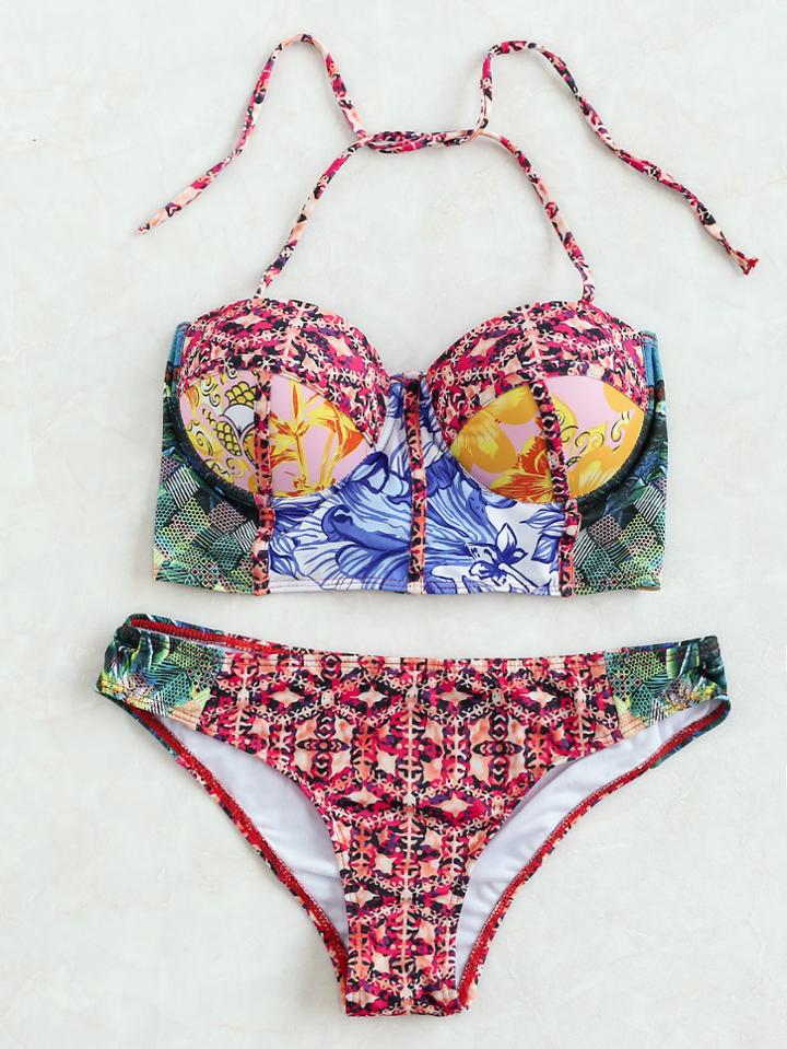 Shein Foliage Printed Halter Bikini Set