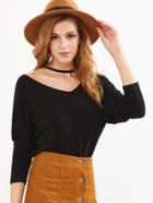 Shein Black V Neck Dolman Sleeve T-shirt