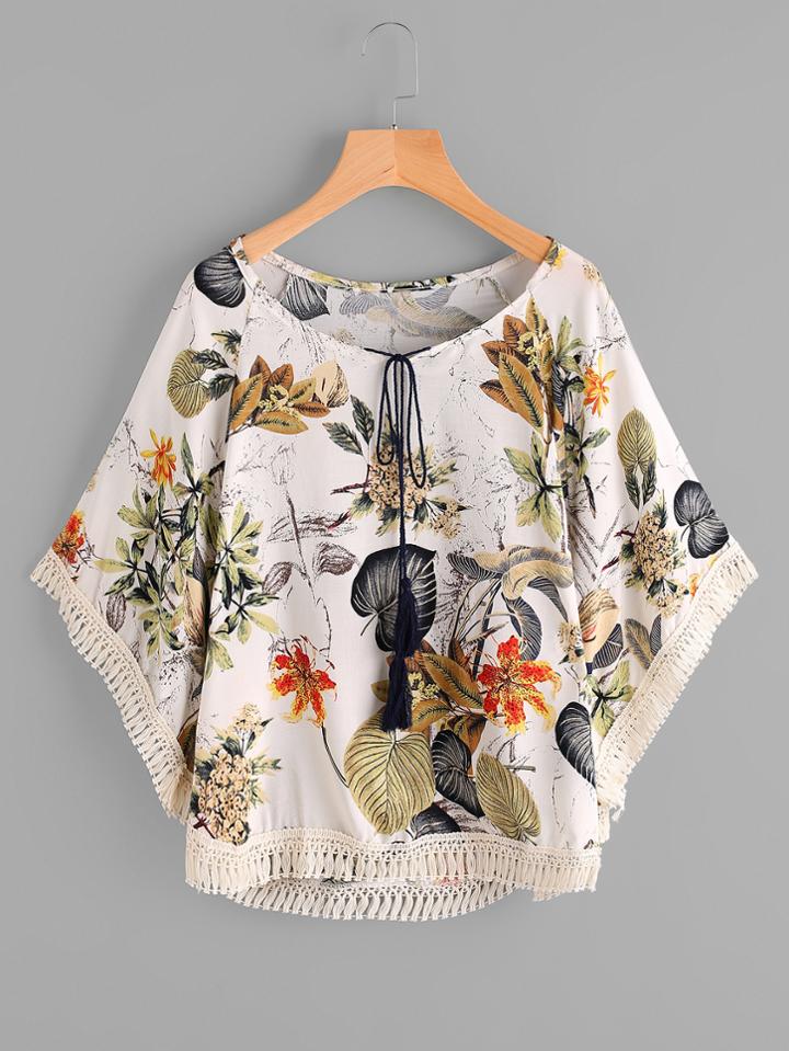 Shein Floral Print Tie Front Crochet Trim Top