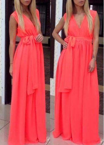 Rosewe Deep V Neck Watermelon Red Chiffon Maxi Dress