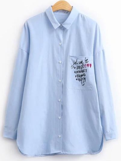 Shein Blue Letter Print Side Slit Blouse With Pocket