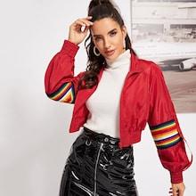 Shein Zip Front Elastic Waist Striped Jacket
