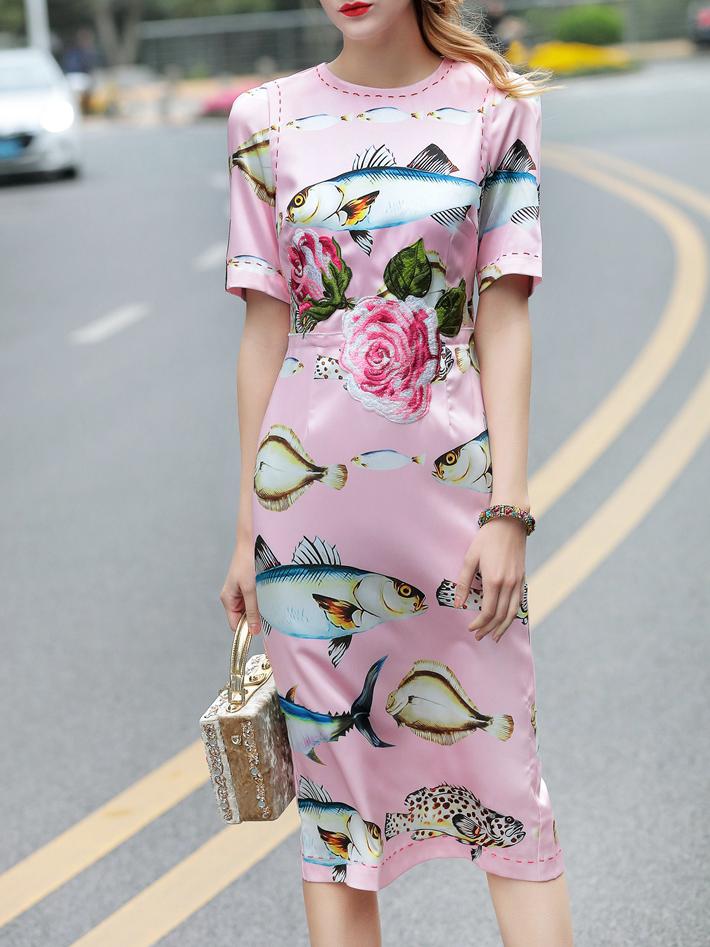 Shein Pink Fishes Print Applique Pouf Dress