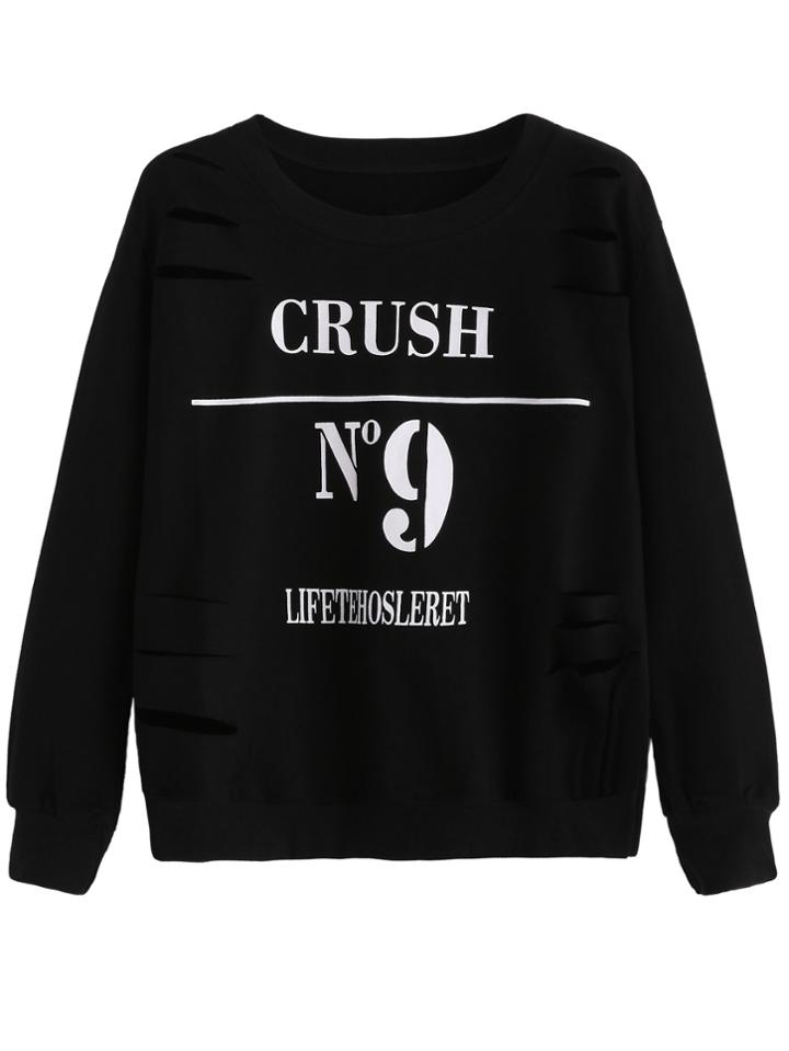 Shein Black Numbers Print Distressed Sweatshirt