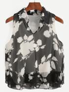Shein Black Flower Print Pointed Collar Chiffon Top
