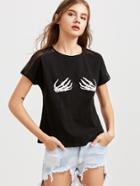 Shein Black Mesh Shoulder Skeleton Hands Print T-shirt