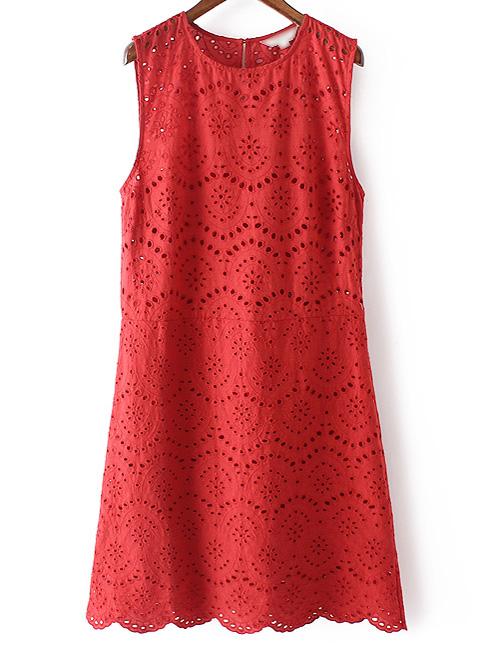 Shein Red Sleeveless Zipper Keyhole Back Embroidery Dress