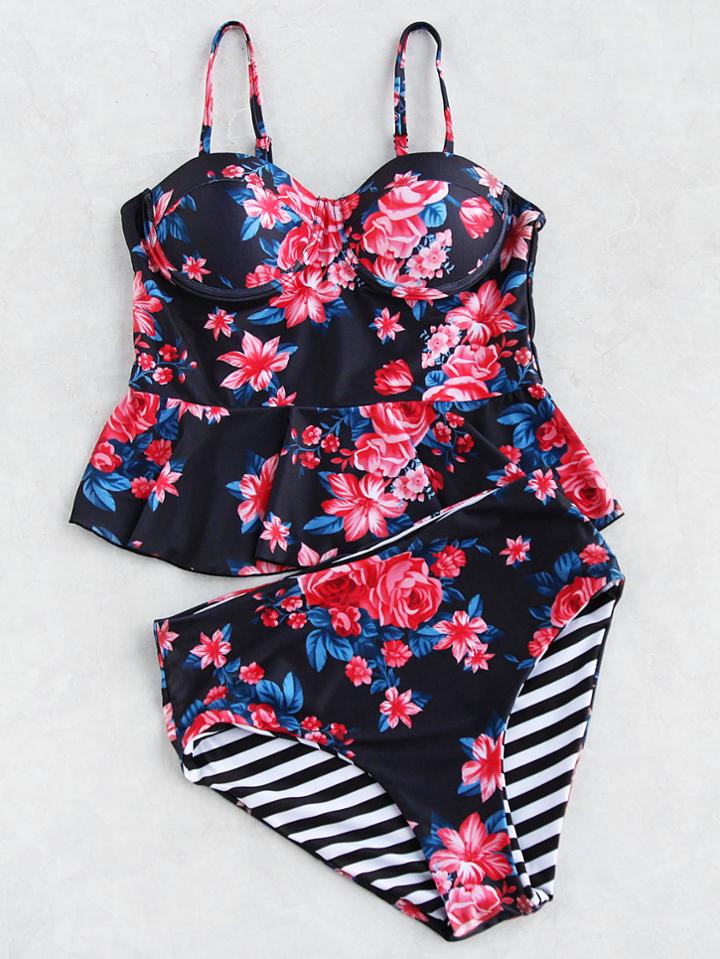 Shein Calico Print Peplum Reversible Tankini Set