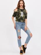 Shein Olive Green Camo Print Open Shoulder T-shirt