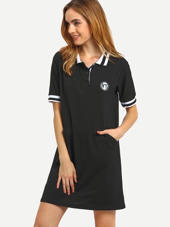 Shein Striped Trim Number Print Black Polo Dress