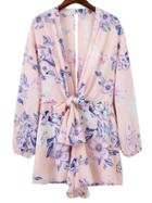 Shein Floral Print Deep V Neck Bow Tie Romper