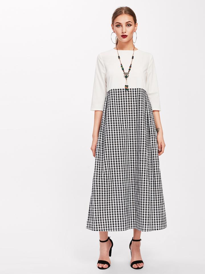 Shein Cut And Sew Pleated Gingham Kaftan Dress