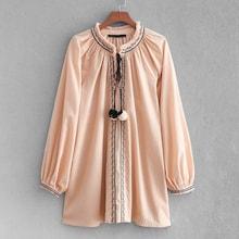 Shein Fringe Trim Embroidered Longline Blouse