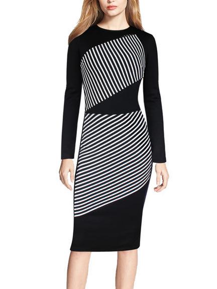 Shein Black White Round Neck Striped Pencil Dress