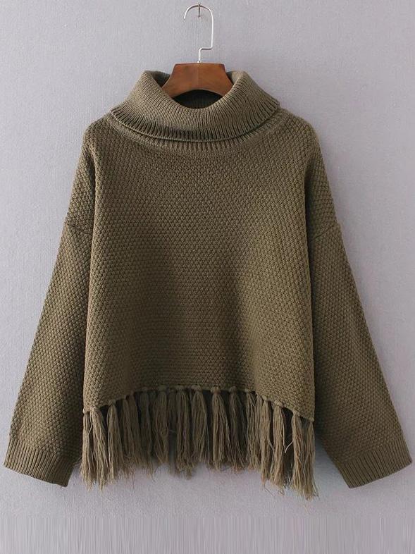 Shein Army Green Turtleneck Drop Shoulder Fringe Hem Sweater