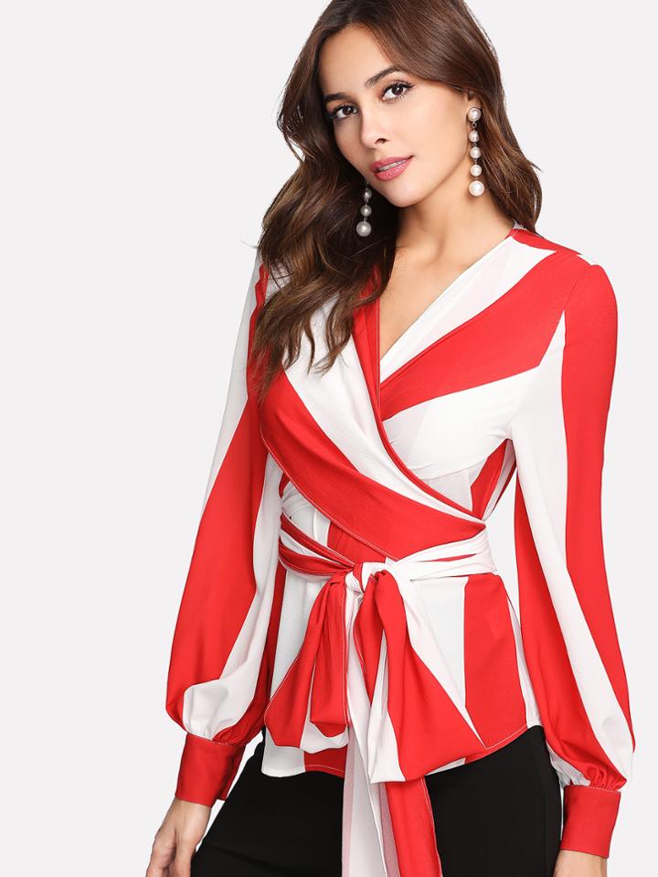 Shein Bishop Sleeve Striped Cross Wrap Top