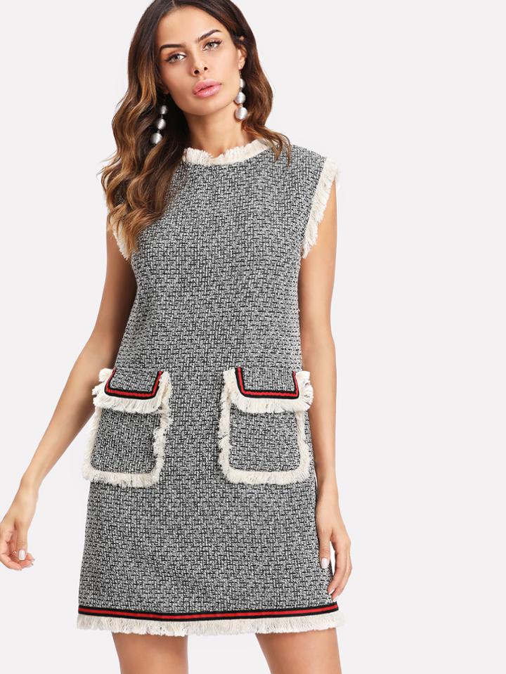 Shein Striped Patched Fringe Trim Tweed Dress