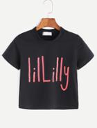 Shein Black Crew Neck Letter Print Crop T-shirt