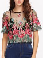 Shein Embroidery Mesh Buttoned Keyhole Blouse
