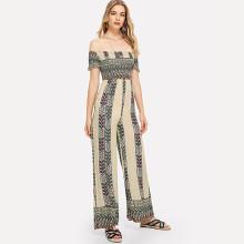 Shein Tribal Print Tape Bardot Shirring Jumpsuit