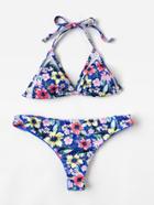 Shein Calico Print Ruched Detail Mesh Insert Bikini Set