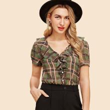 Shein Ruffle Trim Plaid Shirt