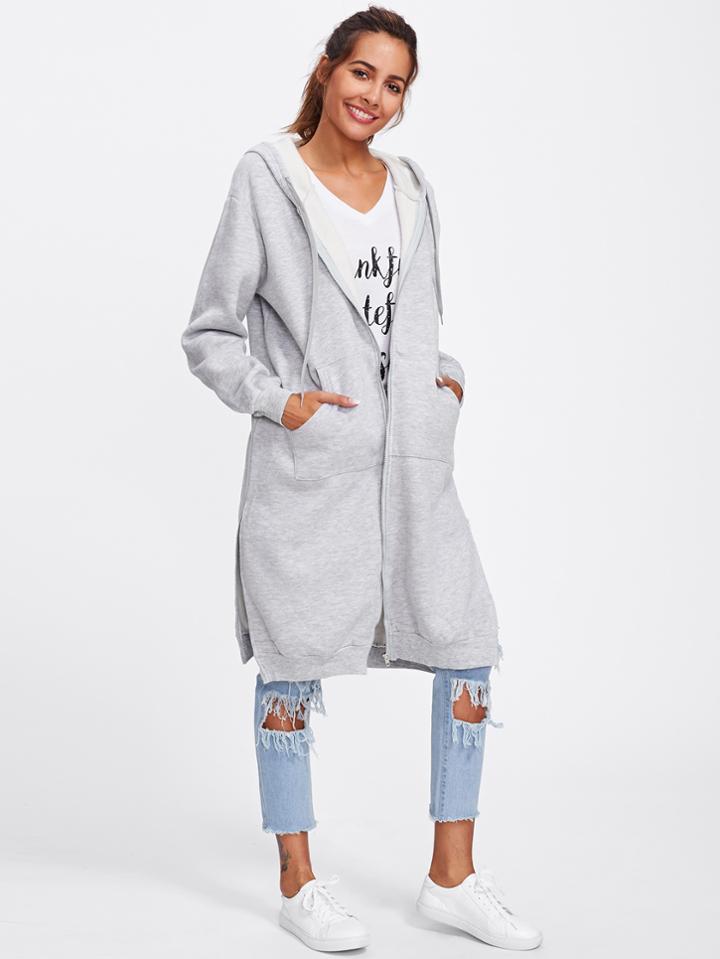 Shein Hooded Split Side Long Sweatshirt Coat