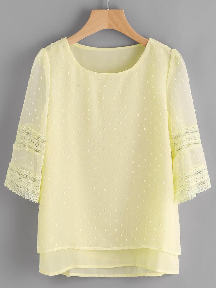 Shein Hollow Out Lace Insert Dobby Chiffon Overlay Blouse