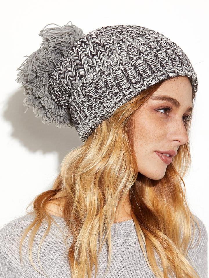Shein Grey Marled Soft Pom Pom Chunky Knit Hat
