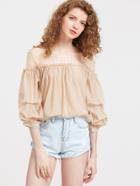 Shein Contrast Embroidered Mesh Lantern Sleeve Top