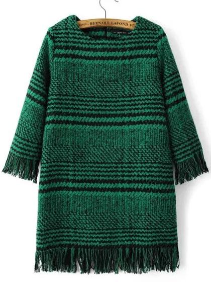 Shein Green Houndstooth Fringe Detail Zipper Back Dress