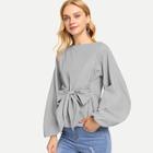 Shein Bow Tie Front Bishop Sleeve Stripe Blouse