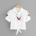 Shein Butterfly Embroidered Knot Front Shirt