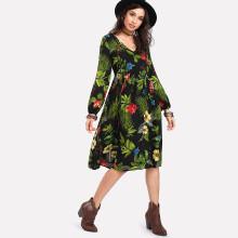Shein Bishop Sleeve Tropical Print Dress