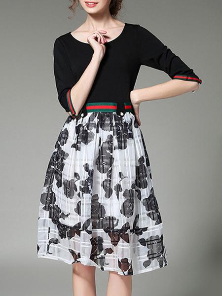 Shein Black Color Block Print A-line Dress