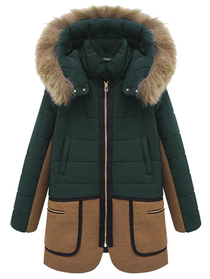 Shein Hooded Faux Fur Zipper Pockets Color-block Coat