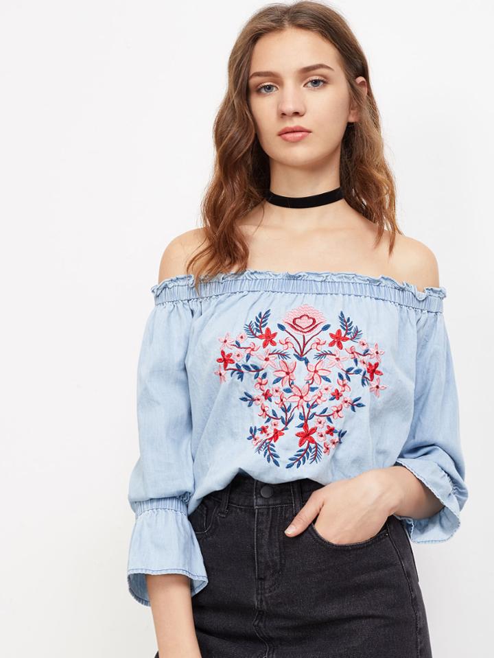 Shein Flower Embroidered Trumpet Sleeve Frilled Bardot Top