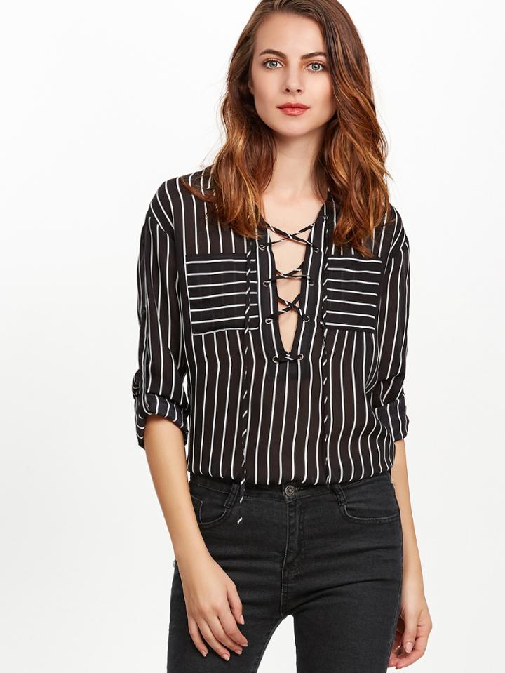 Shein Black And White Striped Lace Up Equipment Blouse