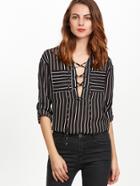 Shein Black And White Striped Lace Up Equipment Blouse