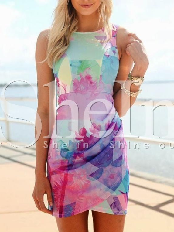 Shein Blue Sleeveless Floral Print Dress