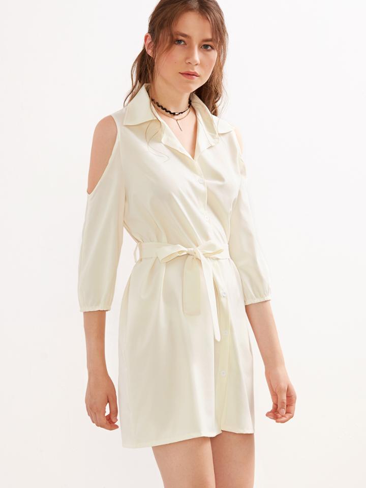Shein Beige Open Shoulder Self Tie Shirt Dress