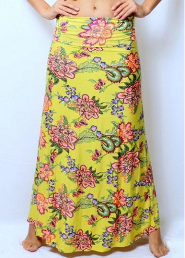 Rosewe Flower Print Band Waist Yellow Maxi Skirt