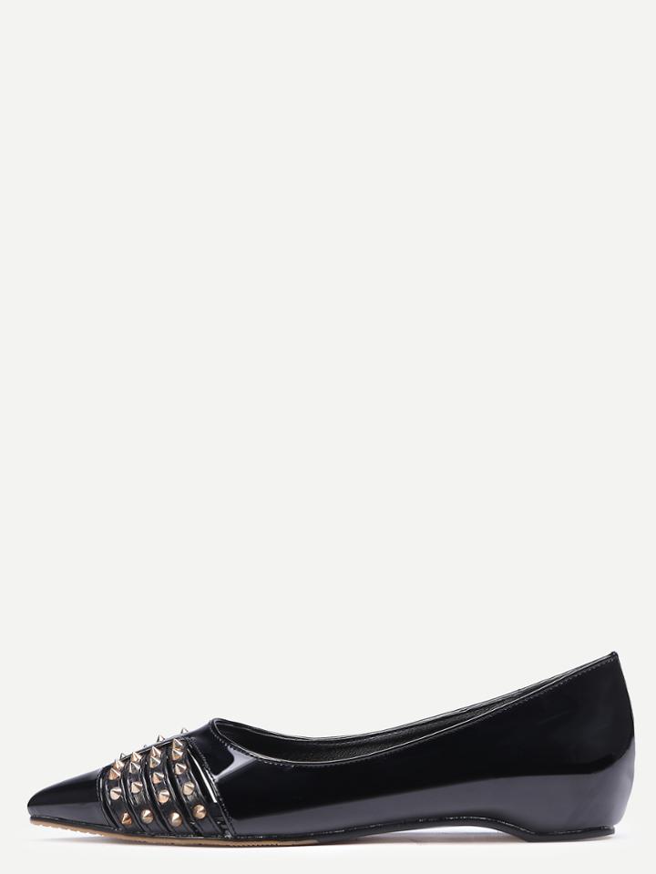 Shein Black Faux Leather Point Toe Rivet Flats