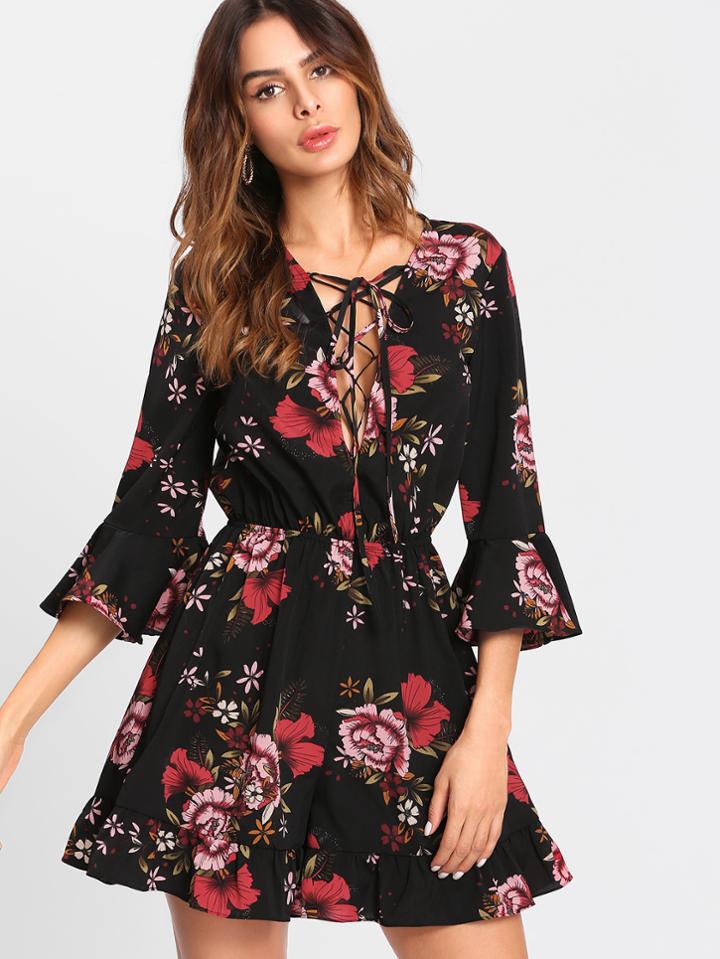 Shein Lace Up Plunge Neck Flounce Sleeve Romper