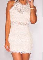 Rosewe White Sleeveless Round Neck Bodycon Lace Dress