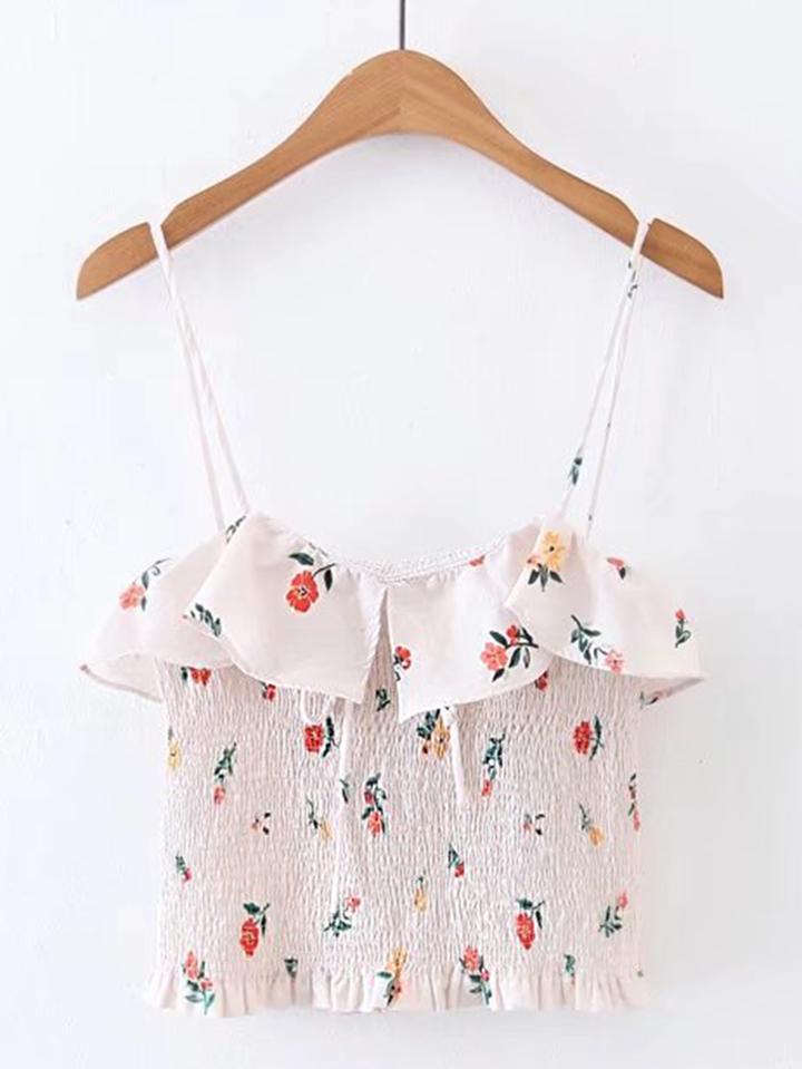 Shein Frill Trim Smocked Floral Cami Top